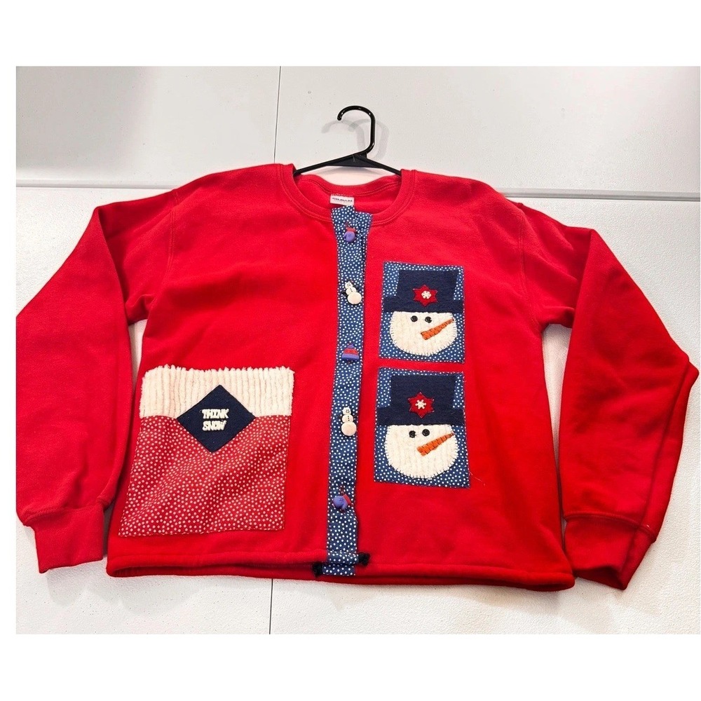 y2k Red Snowman Applique Fleece Cardigan‎ Sweater Fun Christmas Holiday Top